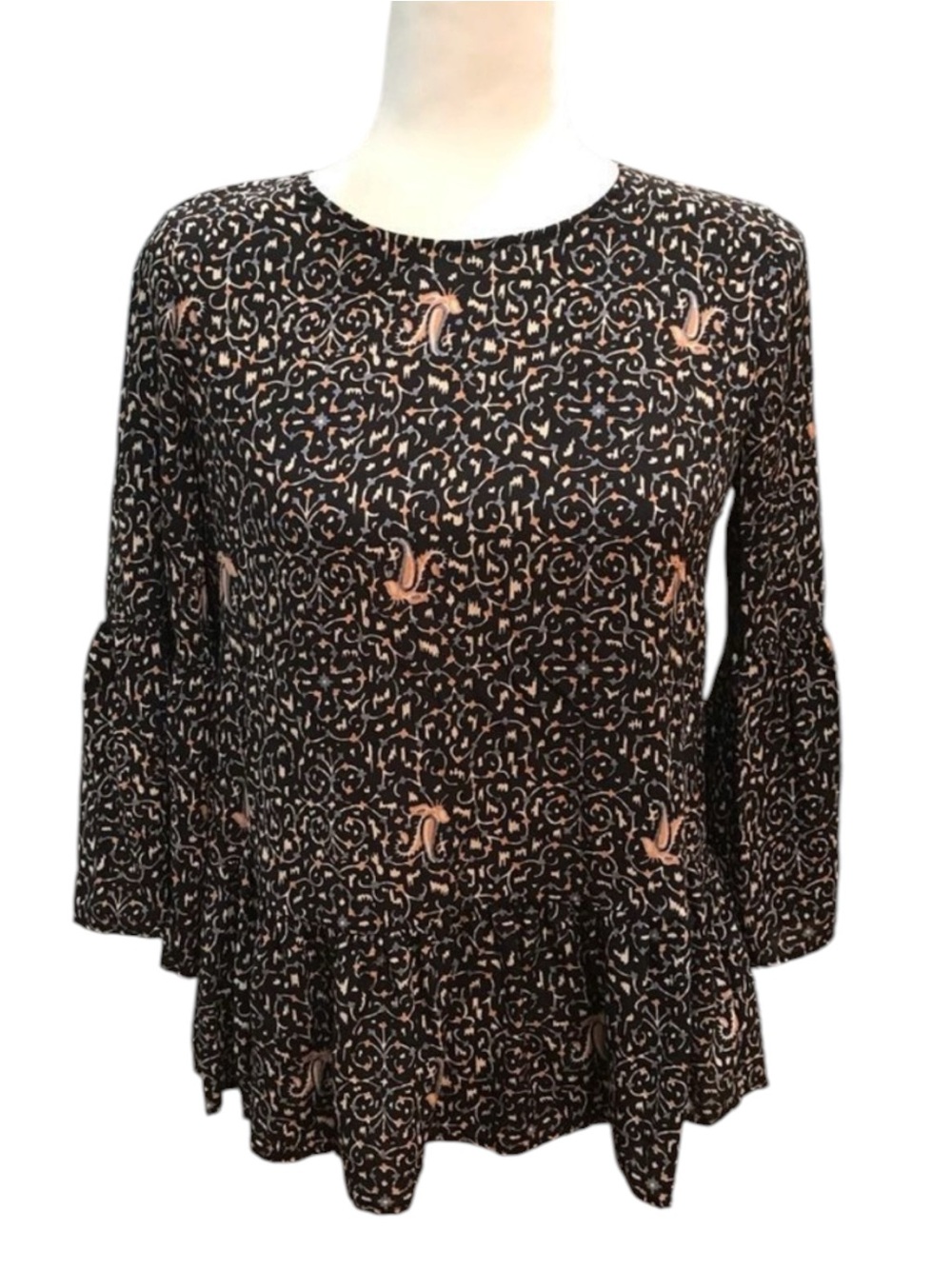 Madewell 100% Silk Fiesta Paisley Bell Sleeve Peplum Top G1463 Sz XS